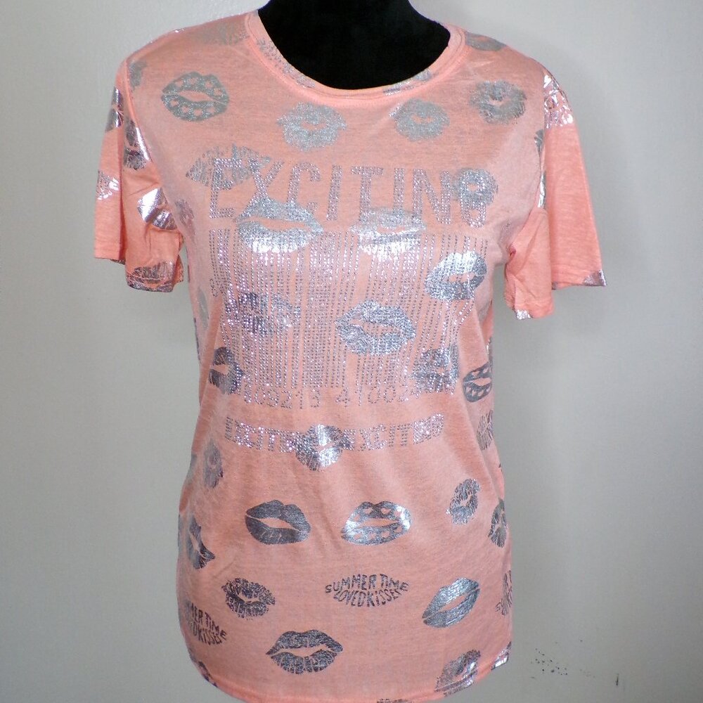Peach Graphic Lip Print Tee | Rhinestone “Exciting” Short Sleeve Top